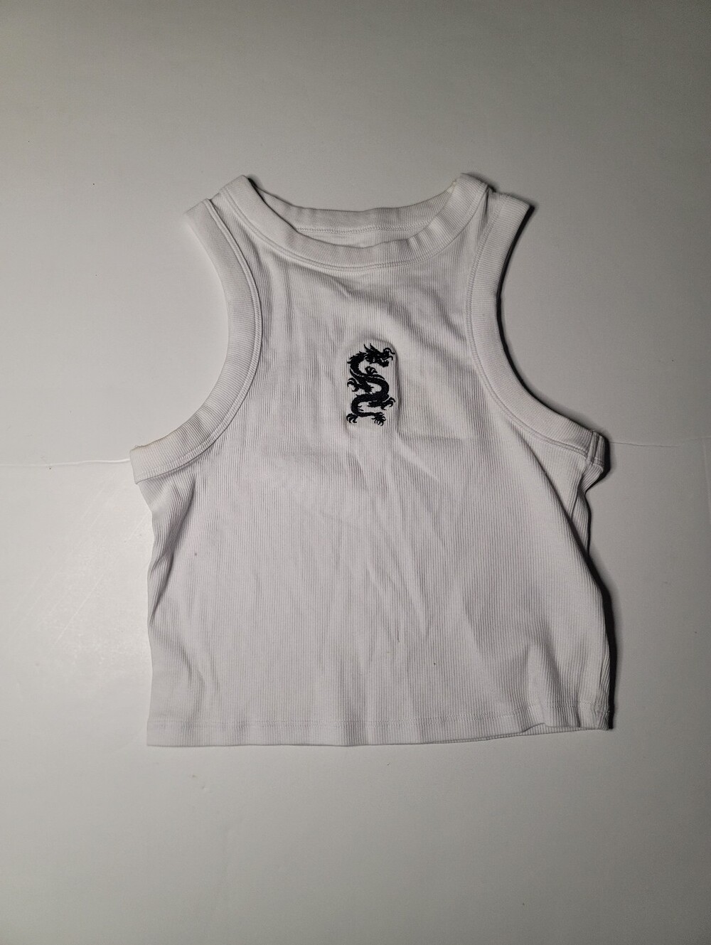 Cotton On White Ribbed Tank with Black Dragon Motif Small